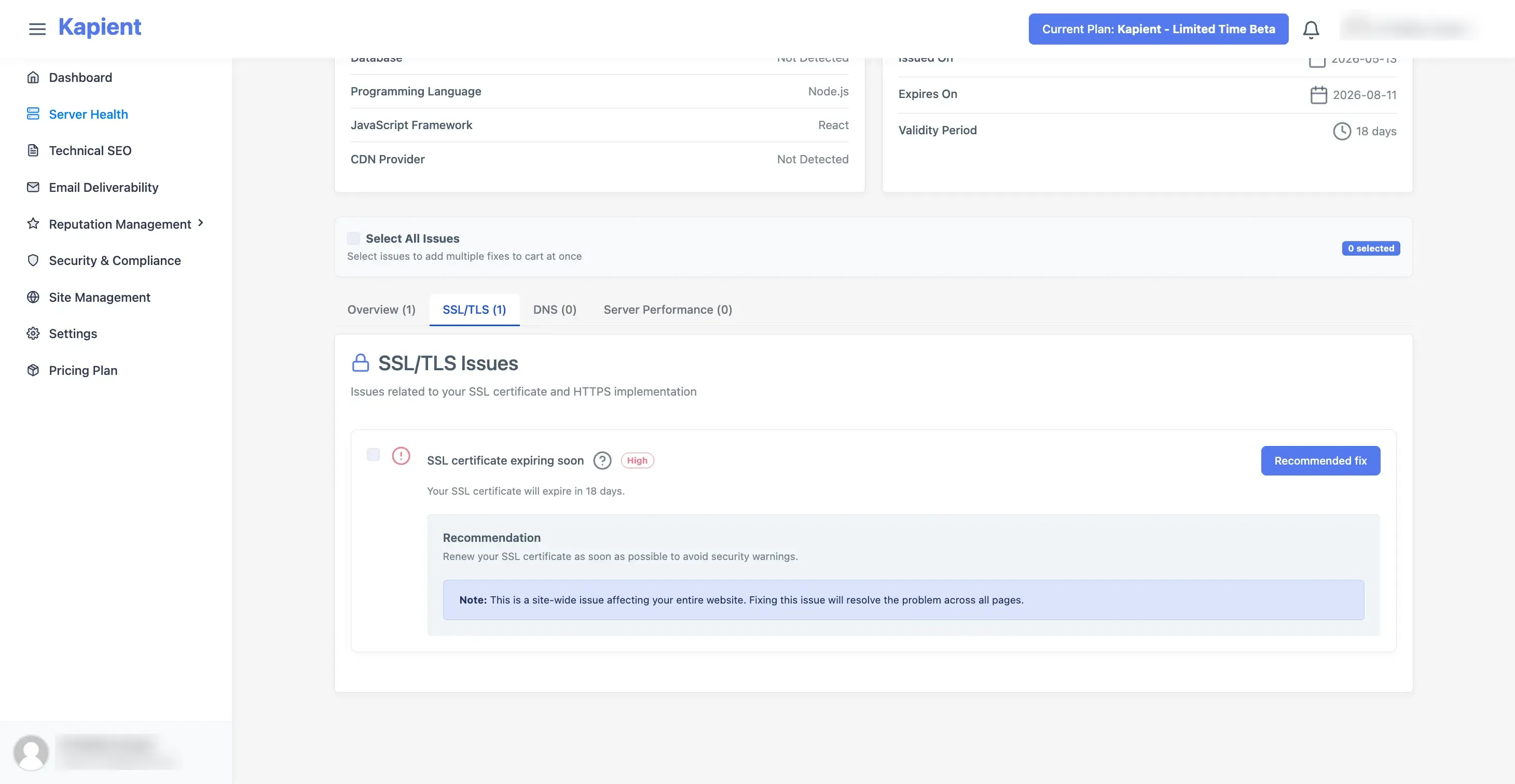 Kapient dashboard flagging an upcoming SSL certificate expiry with the Recommended fix button