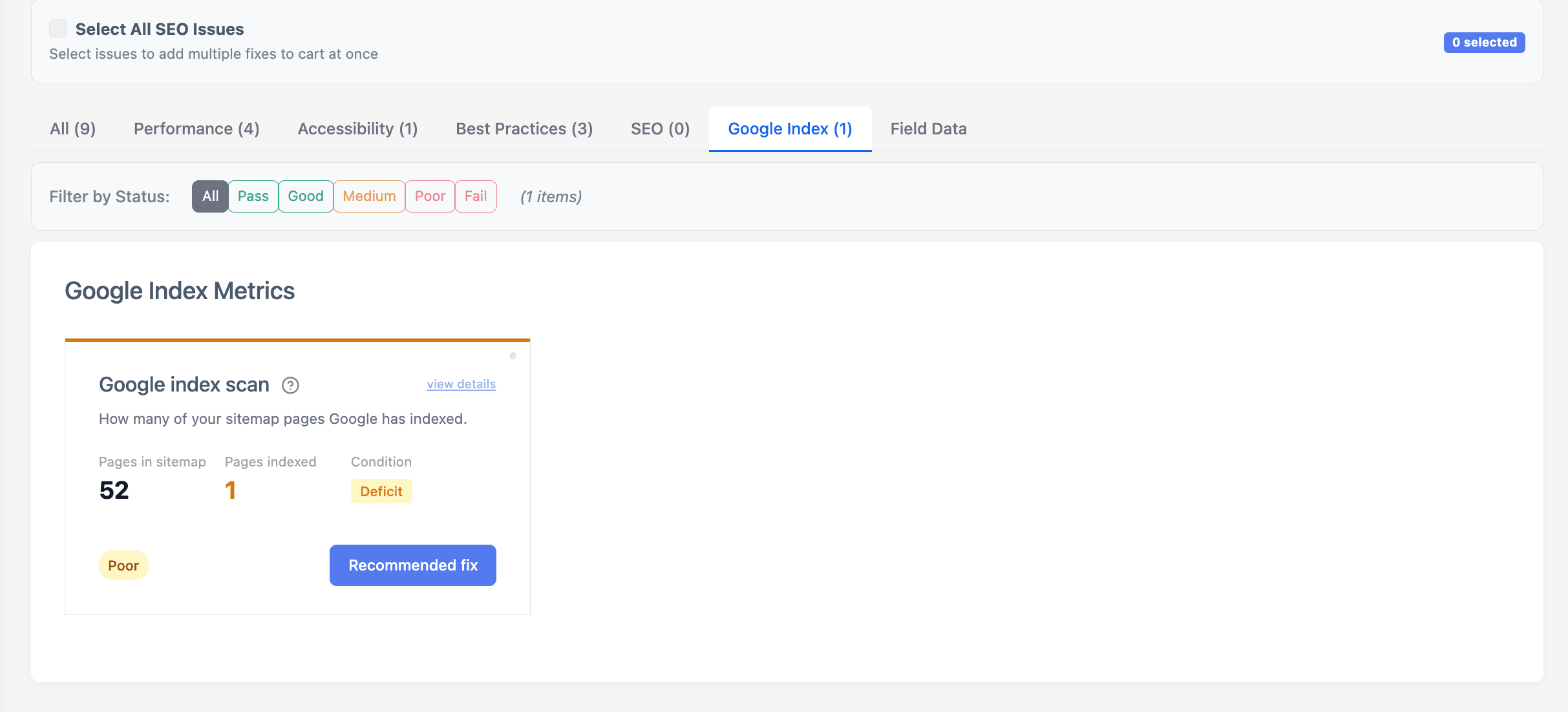 Kapient's Google Index scan compares sitemap pages against indexed pages