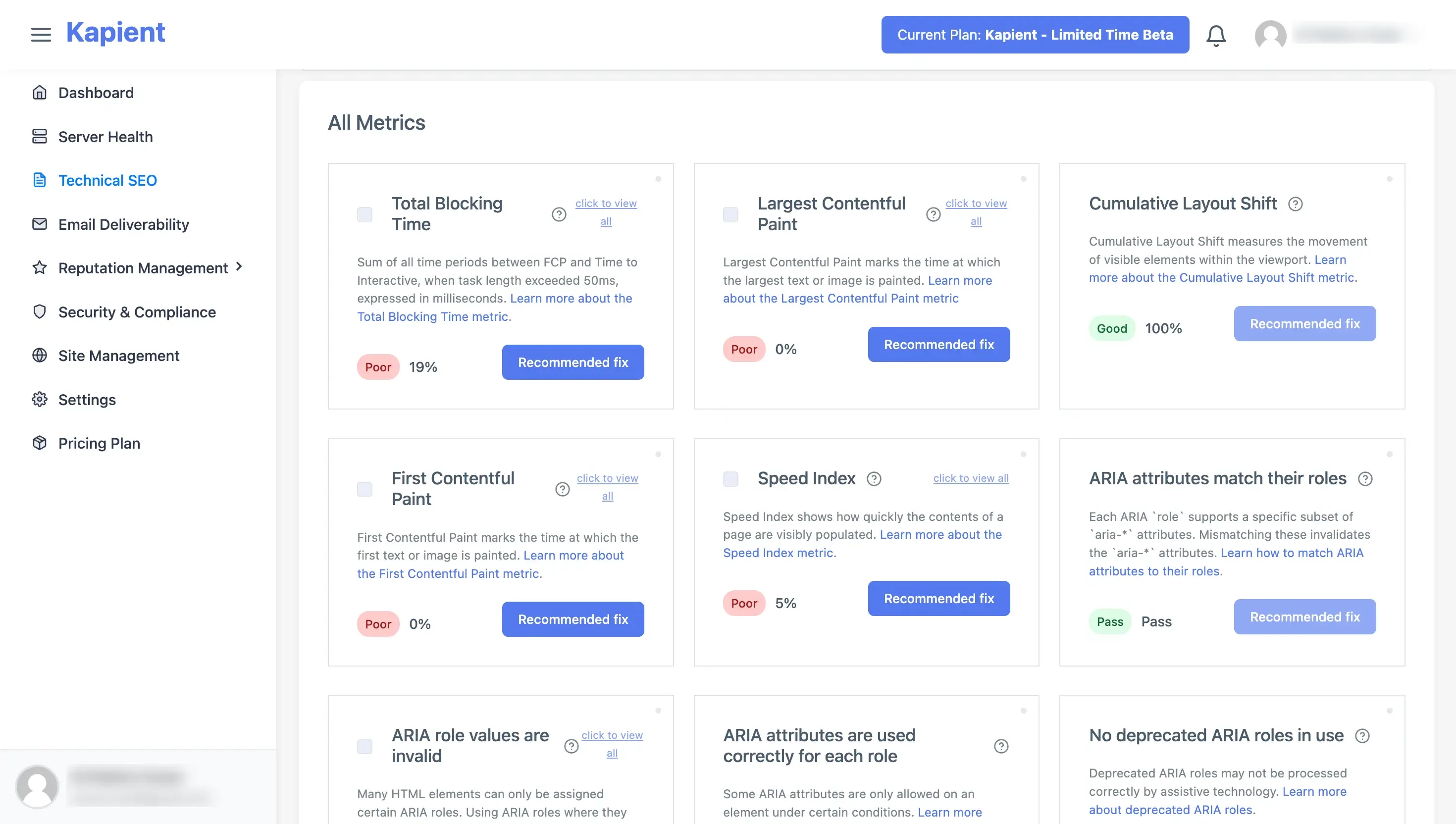 Kapient technical SEO issues dashboard