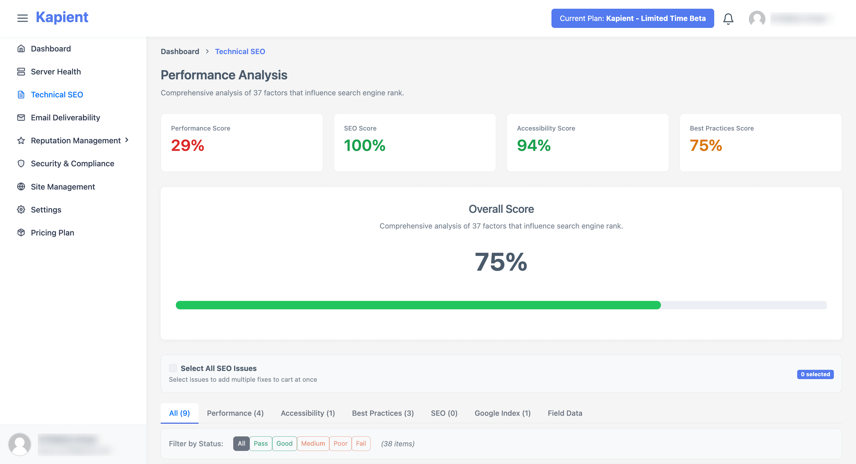 Kapient technical SEO performance monitoring