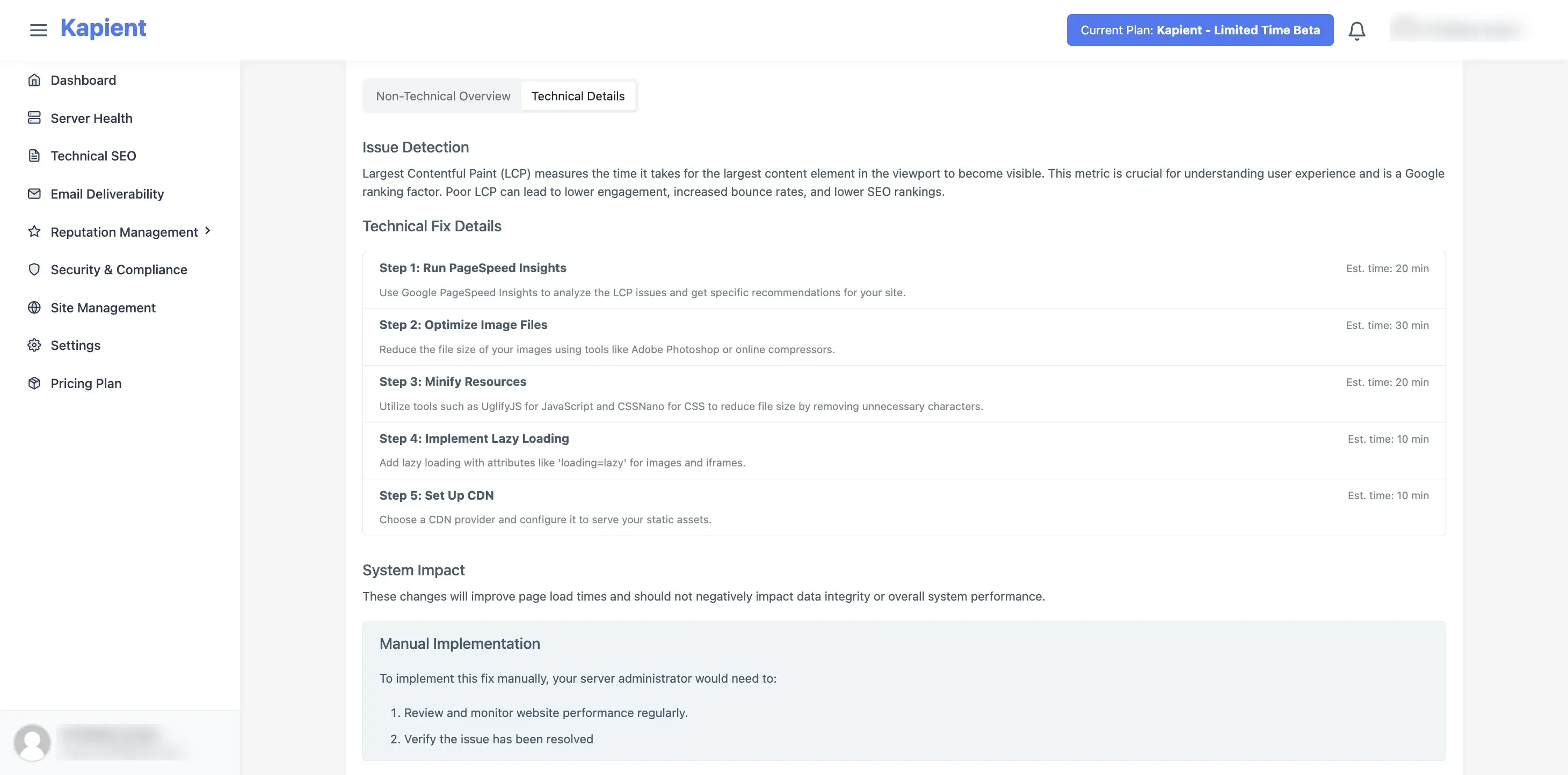 Kapient provide plain-English fix instructions tailored to your site's actual setup