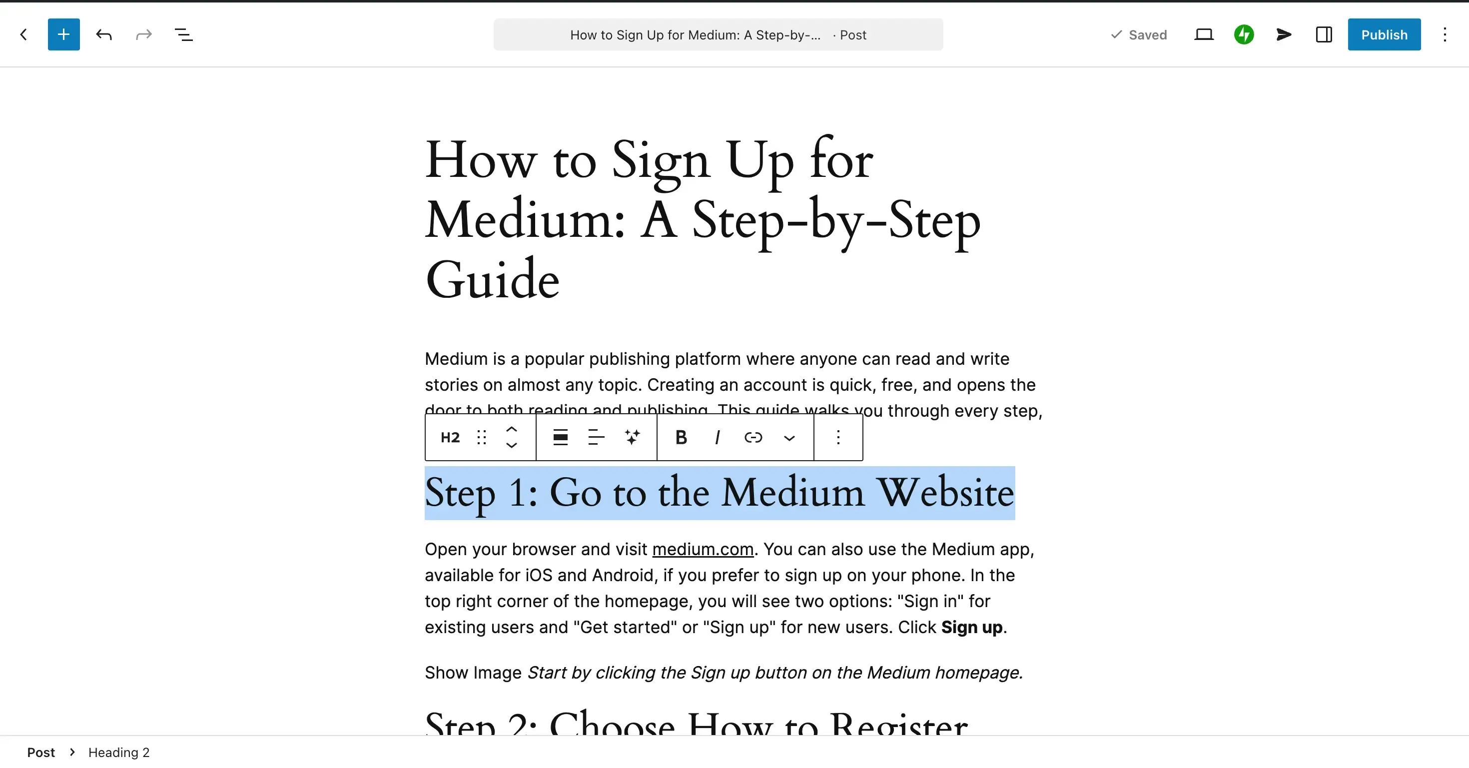 set heading in wordpress editor