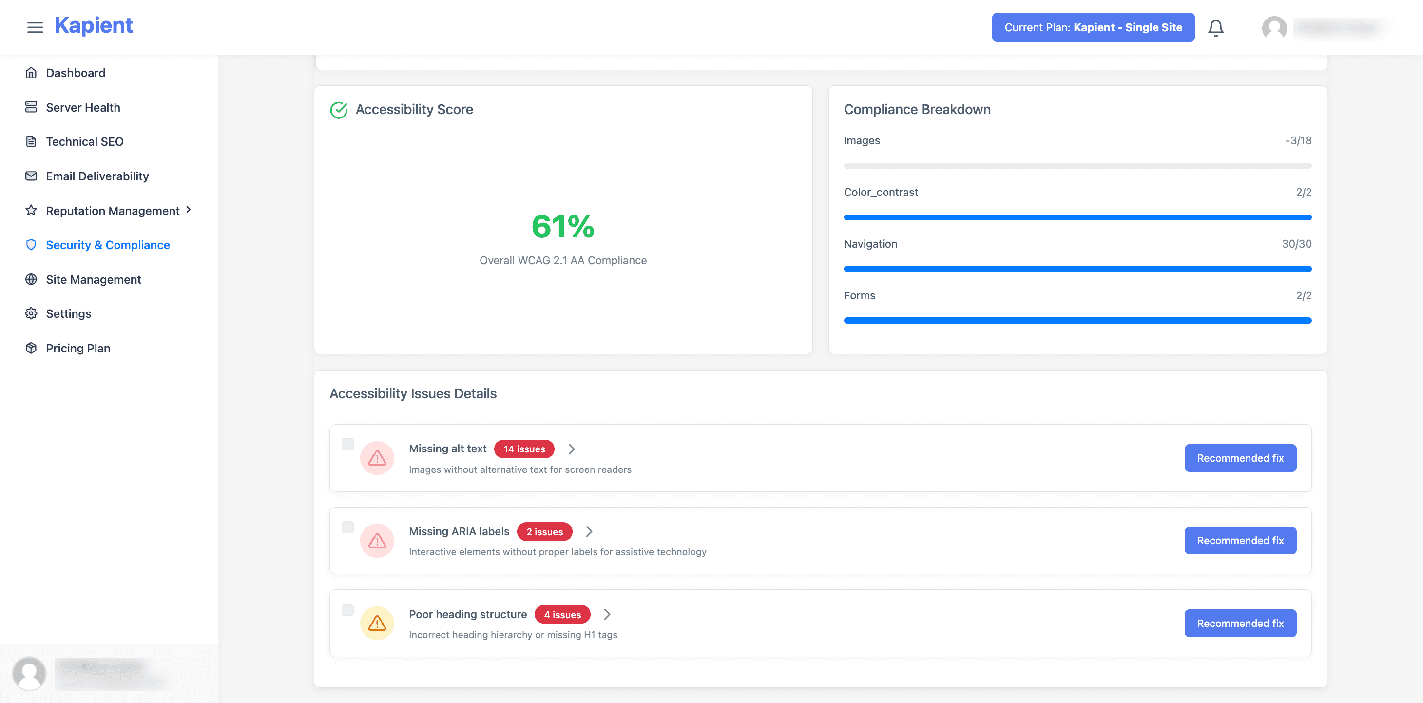 WCAG dashboard